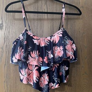 Floral Ruffle Bikini Top Black and Coral adjustable straps